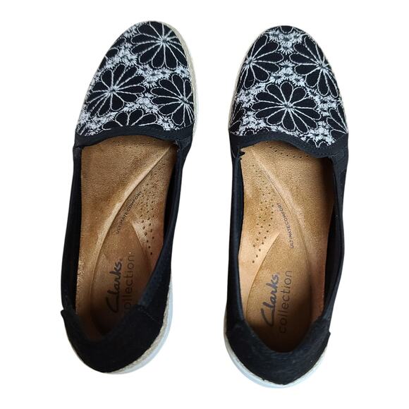 Clarks Elaina Harbor Black White Embroidered Loafers Flats Slip On Shoes 7 1/2 - Picture 3 of 5